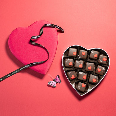 Dark Chocolate Caramel and Sea Salt | Valentines Day Satin Heart-Shaped Gift Box